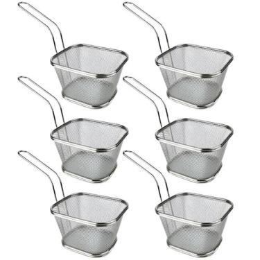 Imagem de Kit 6 Cestas Aço Inox Com Alça Para Servir Frituras Porções Aperitivos