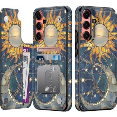 Imagem de Goodon Capa carteira para Samsung Galaxy S25 Plus com porta-cartão, bloqueio RFID, capa floral vintage estética, capa protetora retrô moderna exclusiva para mulheres e meninas - Harmonia solar lunar