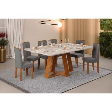 Imagem de Conjunto: Mesa de Cozinha Celeste c/ Tampo Madeirado Retangular 170x90cm e 6 Cadeiras Zoe Freijo/Quartzo - Suede Lunar - DJ Móveis