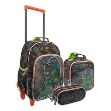 Imagem de Kit Mochila Rodinhas Lancheira Estojo Duplo Dinossauro Escolar Infantil Denlex-Masculino