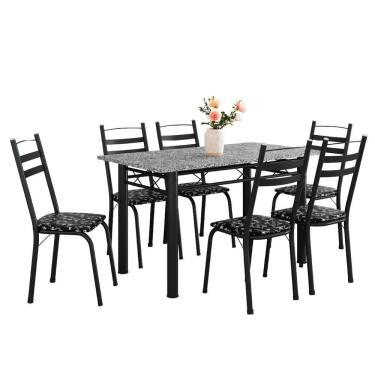 Imagem de Conjunto De Mesa Itália Com 6 Cadeiras 1,40m Preto / Floral Granito Artefamol Preto Fosc
