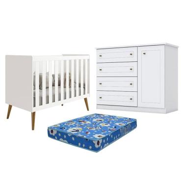 Imagem de Berço Americano Isis Branco Acetinado - Reller e Cômoda Infantil Americano Branco HP e Colchão Ortobom - Henn