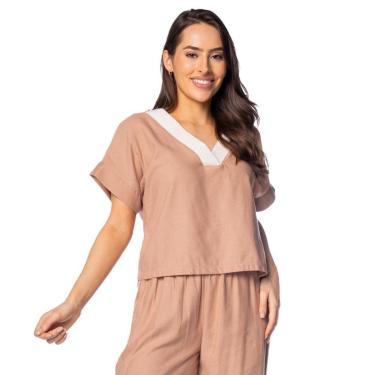 Imagem de Blusa Cropped Feminina Giraffe Gola V Contrastante Marrom-Feminino
