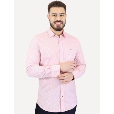 Imagem de Camisa Tommy Hilfiger Masculina Xadrez Gingham Branca/Rosa Médio-Masculino