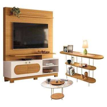 Imagem de Estante Home Theater Axis Com Mesa De Centro Sky Com Tampo De Vidro E Aparador Infinity Cinamomo Off White - Hb Móveis