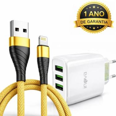 Imagem de Fonte Carregador Rápido 3 Usb + Cabo 2 Metros Para Linghtning - Inova,