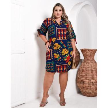 Imagem de Vestido Chemise Feminina Estampada Plus Size Praia Manga Curta - - Dec