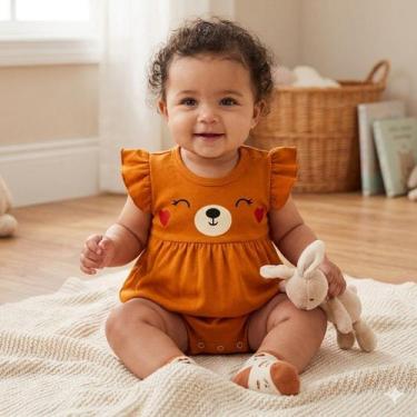 Imagem de Macacão Curto Manguinha Babado Minimalista para Bebê Menina Cor:Carame