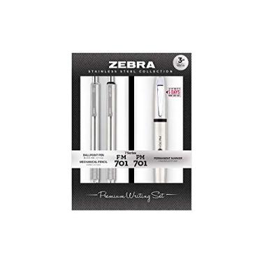 Imagem de Zebra Pen Conjunto de escrita de aço premium, marcador permanente PM-701, caneta esferográfica F-701, lapiseira M-701, pacote com 3