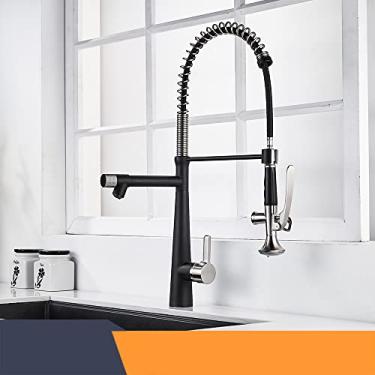 Imagem de Torneira de cozinha com bico duplo de puxar para baixo em latão maciço, alça única, torneira misturadora de pia de cozinha, preto fosco, preto e escovado, China