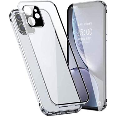 Imagem de HAODEE Capa magnética para Apple iPhone 12 (2020) 6,1 polegadas, moldura de metal transparente dupla face vidro temperado capa traseira de telefone (cor: prata)