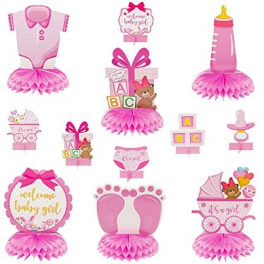 Imagem de OSNIE Peças centrais de festa de chá de bebê rosa para meninas, 12 peças de decoração de favo de mel, chá de bebê de boas-vindas, decoração de festa de revelação de gênero para meninas, lembrancinhas de festa de bebê recém-nascido, adereços de cabine de fotos