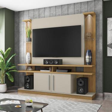 Imagem de Estante Home York com LED e Prateleiras de Vidro Tradicional Moderno Móveis Bechara Cinamomo/Off White/Ripado