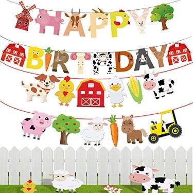 Imagem de Animais de fazenda decorações de festa de aniversário, animais de fazenda, banner de feliz aniversário com guirlanda de jardim para crianças, meninos, meninas, tema de fazenda, artigos de decoração de festa