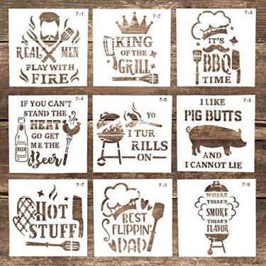 Imagem de Estêncil para pintura - DIY decorativo reutilizável churrasco carta estêncil modelo para artesanato pintura raspada em bolo, biscoito, madeira, tela, piso, parede (5,9 x 5,9 polegadas), conjunto com 9