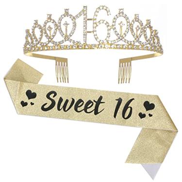 Imagem de Faixa e tiara de aniversário de 16 anos para meninas, Sweet 16 fabulosa faixa e coroa de aniversário de tiara, presentes de feliz aniversário de 16 anos para meninas, suprimentos e decorações de festa, ouro