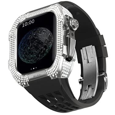 Imagem de TONECY Pulseira de borracha moldura de titânio para Apple Watch 7/6/5/4/SE Apple Mod Watch acessório de substituição titânio luxo capa compatível com série IWatch 44mm com ferramenta