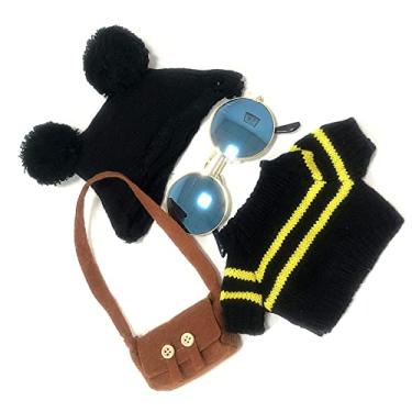 Imagem de Roupas de boneca de pato de pelúcia, conjunto de roupas de pato de pelúcia macio ao toque amarelo listrado suéter preto chapéu para brincadeiras diárias