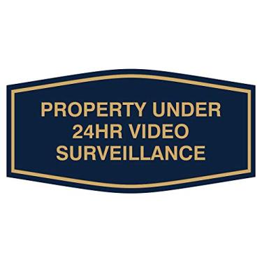 Imagem de Placa de vigilância de vídeo Fancy Property Under 24Hr, Blue/Gold, 7" x 3.5" - Medium