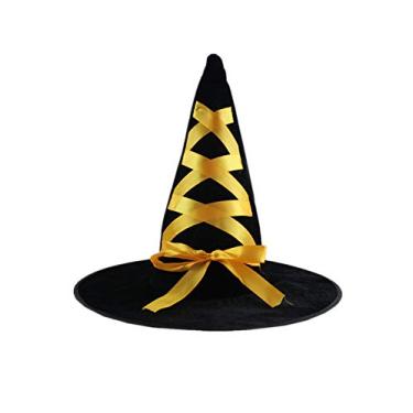 Imagem de Chapéu de bruxa infantil Bestgift chapéu de bruxo fantasia de Halloween chapéu de festa preto + amarelo