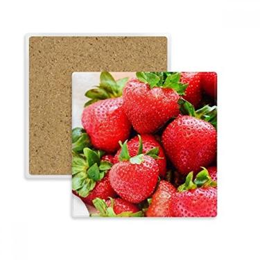 Imagem de Porta-copos quadrado com imagem de frutas vermelhas e morango, porta-copos quadrados, suporte de subplaca, pedra isolante