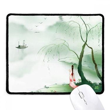 Imagem de Tapete de borracha para jogos Waterfront tristeza estilo chinês aquarela com borda costurada