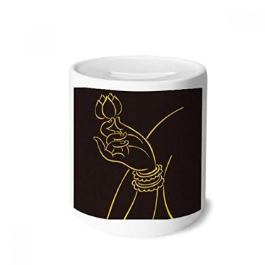 Imagem de DIYthinker Caixa de moedas de cerâmica de lótus com mão amarela e preta, presente de cofrinho