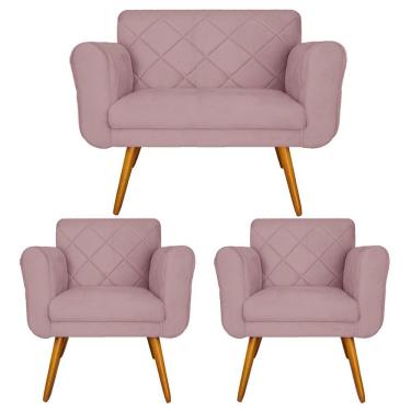 Imagem de Jogo Namoradeira e 2 Poltrona Decorativa Para Recepção Isabella Suede Rosê - LM DECOR