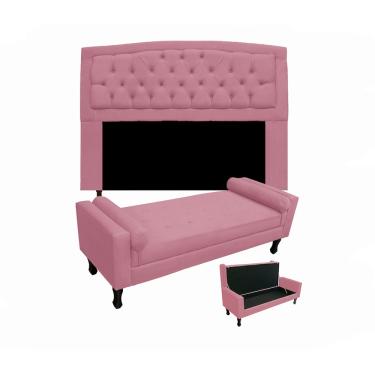 Imagem de Cabeceira Geovana + Calçadeira Fênix Para Quarto Casal 140cm Suede Rosa Barbie - LM DECOR