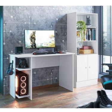 Imagem de Conjunto Home Office 2 Peças Mesa Escritório/Gamer e Armário 2 Portas 5 Prateleiras Espresso Móveis Branco