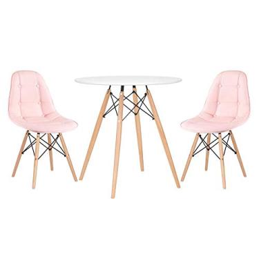 Imagem de Loft7, Kit Mesa Redonda Eames 70 cm Branco + 2 Cadeiras Eames Botonê, PU sintético, Aço e Madeira, Escritório, Sala de Estar e Sala de Jantar - Rosa Claro