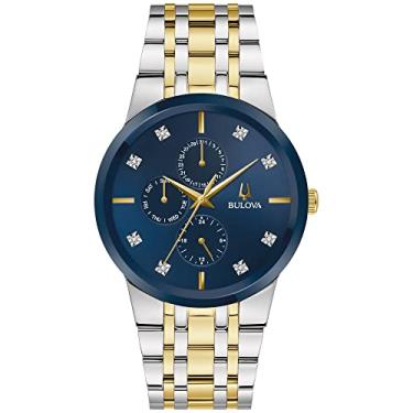 Imagem de Bulova Relógio masculino multifuncional de quartzo de 3 ponteiros com mostrador diamante, cristal de ponta a ponta, Mostrador de dois tons de ouro/azul, Diamante moderno