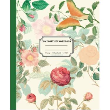 Imagem de Caderno de composição botânica vintage: peônias e rosas flores silvestres com ilustração de borboleta, diário estético floral cottagecore, caderno para escola, pautado na faculdade