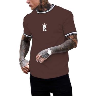Imagem de SOLY HUX Camiseta masculina de verão com estampa de letra de coroa e acabamento listrado manga curta gola redonda, Coroa marrom café, GG