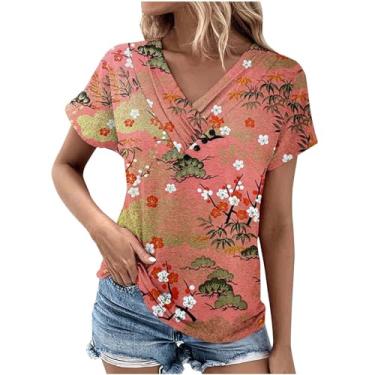 Imagem de Camisetas femininas plissadas com estampa floral longa e fina túnica feminina manga curta gola V camisas verão outono 2024, U-144 Laranja queimado, 3G
