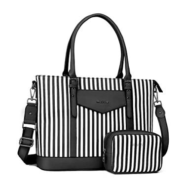 Imagem de MOSISO Bolsa feminina para laptop compatível com MacBook, notebook e Chromebook de 17-17,3 polegadas, à prova d'água, listra vertical, couro PU, bolsa de viagem para computador com bolso envelope e