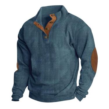 Imagem de Pulôver masculino de veludo cotelê com cotovelo remendado, camisa Henley com botão de manga comprida, gola simulada vintage, top externo (Color : Denim blue, 32-33, 3435, 36-37, 38-39, 40-41, 4