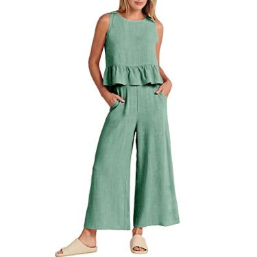 Imagem de Conjunto feminino de verão de 2 peças, de linho, manga curta, conjuntos combinando e calça longa 2024, Za1-verde menta, G