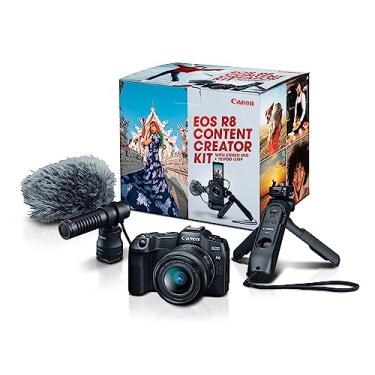 Imagem de Canon Kit de criação de conteúdo EOS R8, câmera sem espelho de quadro completo, montagem RF, 24,2 MP, vídeo 4K, processador de imagem DIGIC X, compacto, leve, conexão de smartphone, alça de tripé,