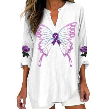 Imagem de Duobla Camisetas femininas de conscientização de Alzheimers, de linho, blusa solta, floral, floral, gola V, manga comprida, plus size, A-6 - Branco, GG
