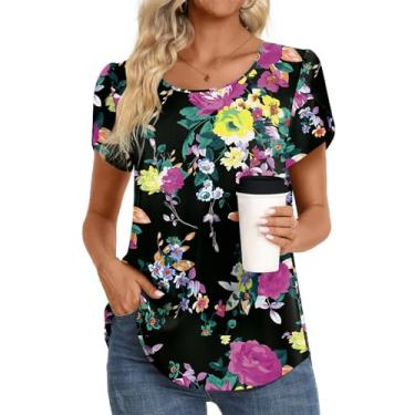 Imagem de HOTGIFT Camiseta feminina casual confortável solta leve túnica tops macia elástica camiseta blusa básica, Flores pretas, M
