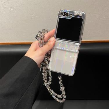 Imagem de Capa transversal com cartão de diamante brilhante para Samsung Galaxy Z Flip 5 4 3 flip5 ZFlip Aurora colar com corrente de pulso capa de acrílico, LongLT, para Samsung Z Flip 4