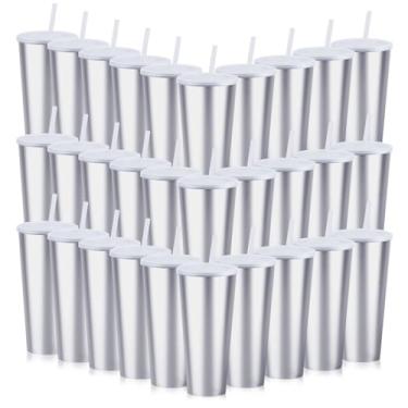 Imagem de Ahongwenxi Pacote com 30 copos de plástico de silicone com tampas e canudos, copos de plástico descartáveis de 680 g, copos de café gelado, caneca de viagem para sucos, aniversário, despedida de