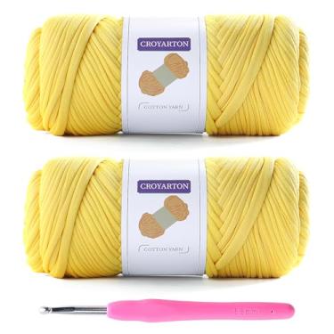 Imagem de Pacote com 2 fios elásticos para crochê e tricô com 1 gancho, fio de espaguete (grosso) - comprimento total 130 metros, peso 400 ml (amarelo) por fio de espaguete