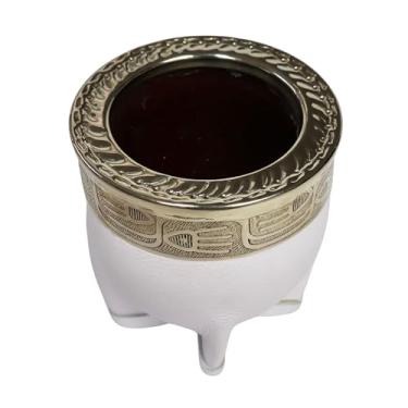 Imagem de thebmate [Xícara de erva mate premium (Mate Gourd) - Xícara de chá de cerâmica artesanal - Couro marrom acobreado embrulhado à mão no Uruguai - Mate Imperial - Estilo Imperial (Branco)