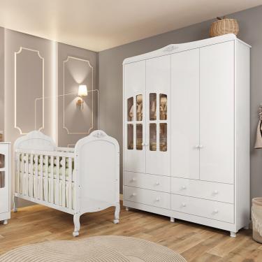 Imagem de Quarto de Bebê Completo com Berço Mini Cama  e Guarda Roupa 100 MDF com Janela Elô New Móveis Peroba - Branco Brilho