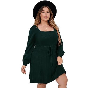 Imagem de Vestido feminino plus size casual gola quadrada manga lanterna longa gravata cintura pulôver pulôver solto, Verde escuro, XGG