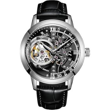 Imagem de OBLVLO Relógio Masculino Retrô Esportivo Automático, Pulseira de Couro de Bezerro, Vidro Mineral, à Prova d'Água, Mostrador de 45 mm, VM-SWSO, Relógio Mecânico