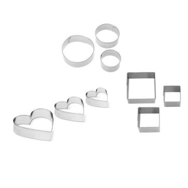 Imagem de Kit 9un Molde inox Massas Biscoito Quadrado Redondo Coração - YAZI