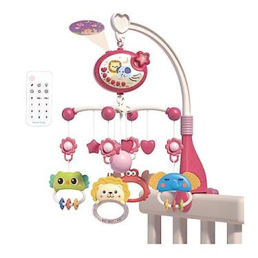 Imagem de Móbile de berço fofo com luzes musicais, projeção de estrelas, brinquedos giratórios pendurados, brinquedos de berço de bebê com controle remoto, decoração de cama infantil para bebês meninos e meni